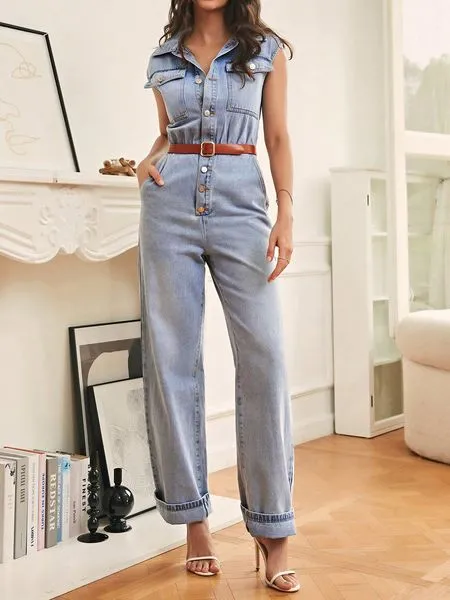 TEEK - Blue Sleeveless Button Front Slimming Jumpsuits