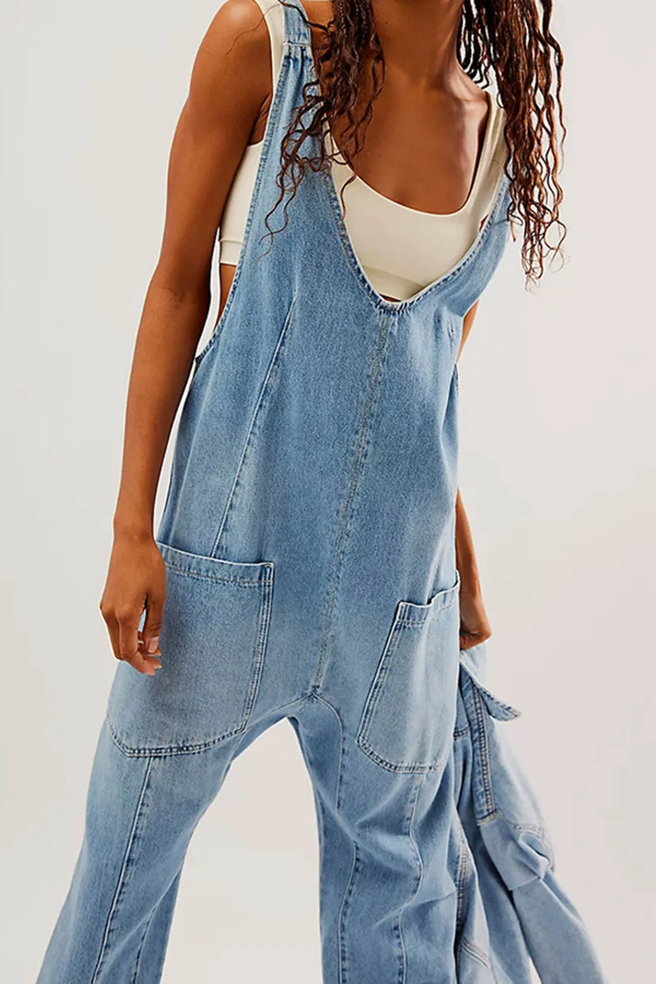 V Neck Pocketed Sleeveless Denim Jumpsuits