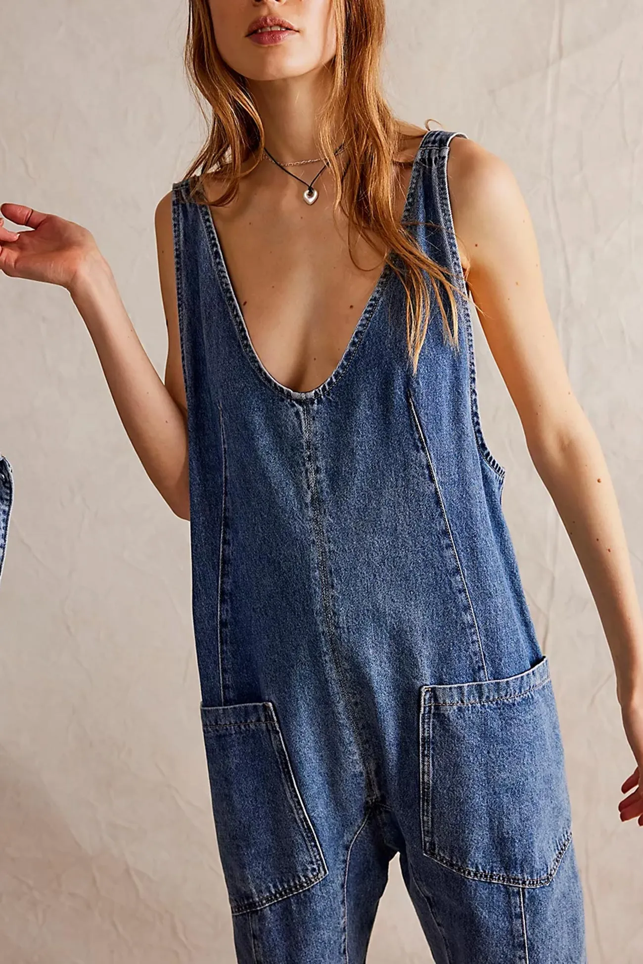 V Neck Pocketed Sleeveless Denim Jumpsuits