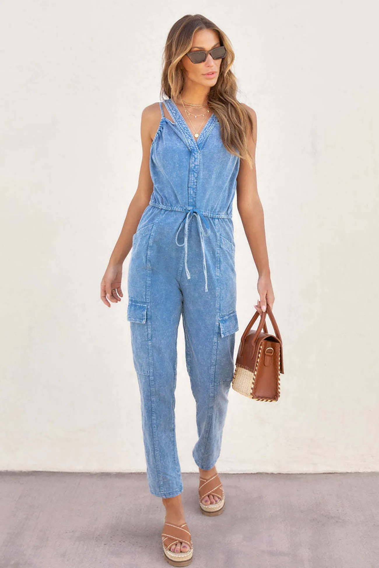 V Neck Tie-waist Pocketed Denim Jumpsuits