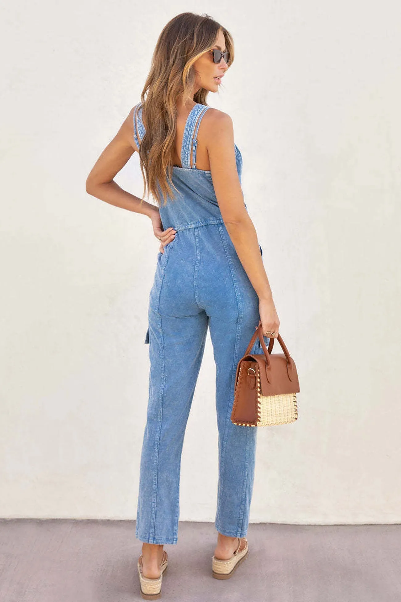 V Neck Tie-waist Pocketed Denim Jumpsuits