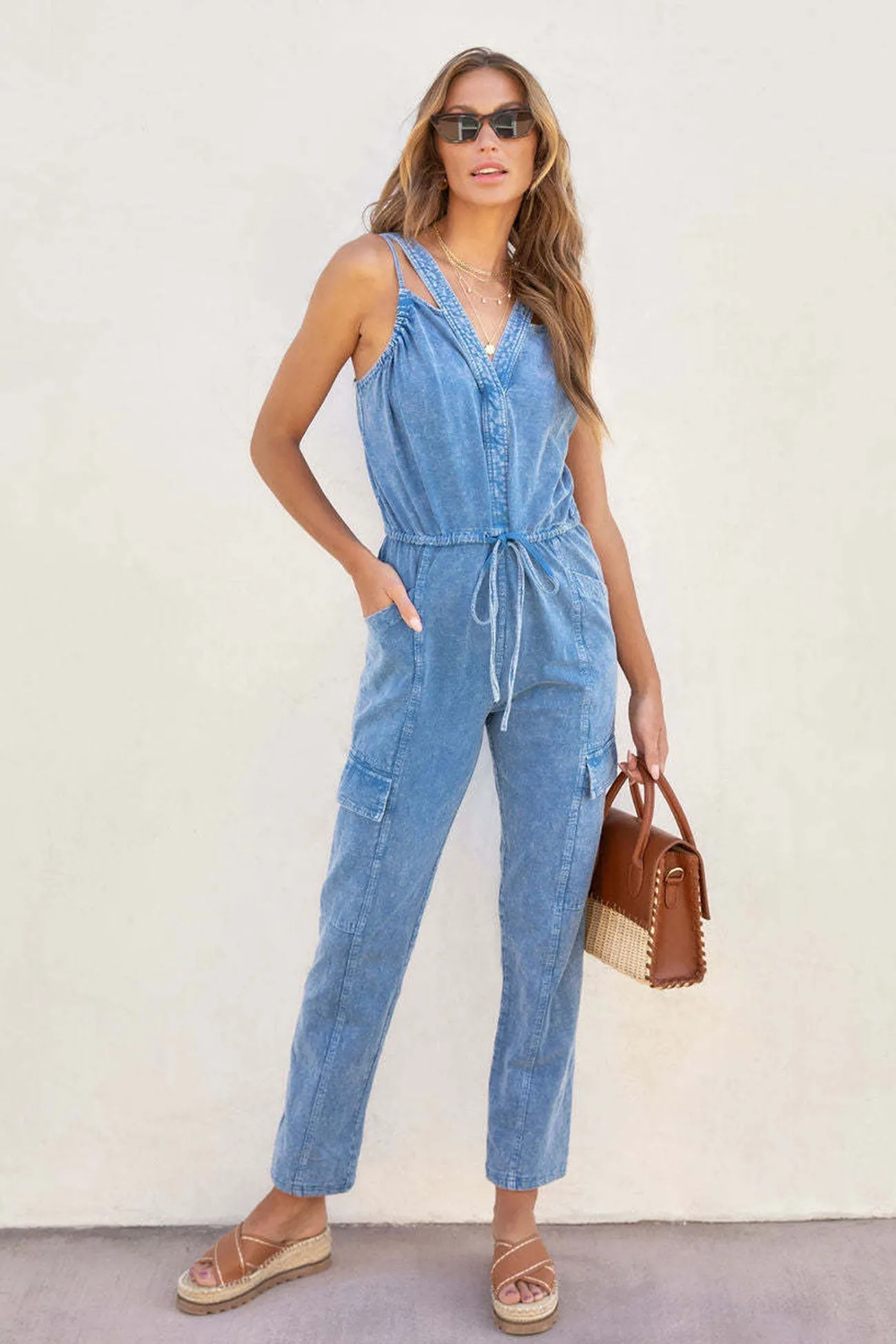 V Neck Tie-waist Pocketed Denim Jumpsuits