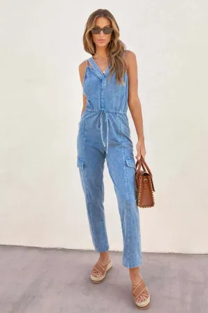 V Neck Tie-waist Pocketed Denim Jumpsuits