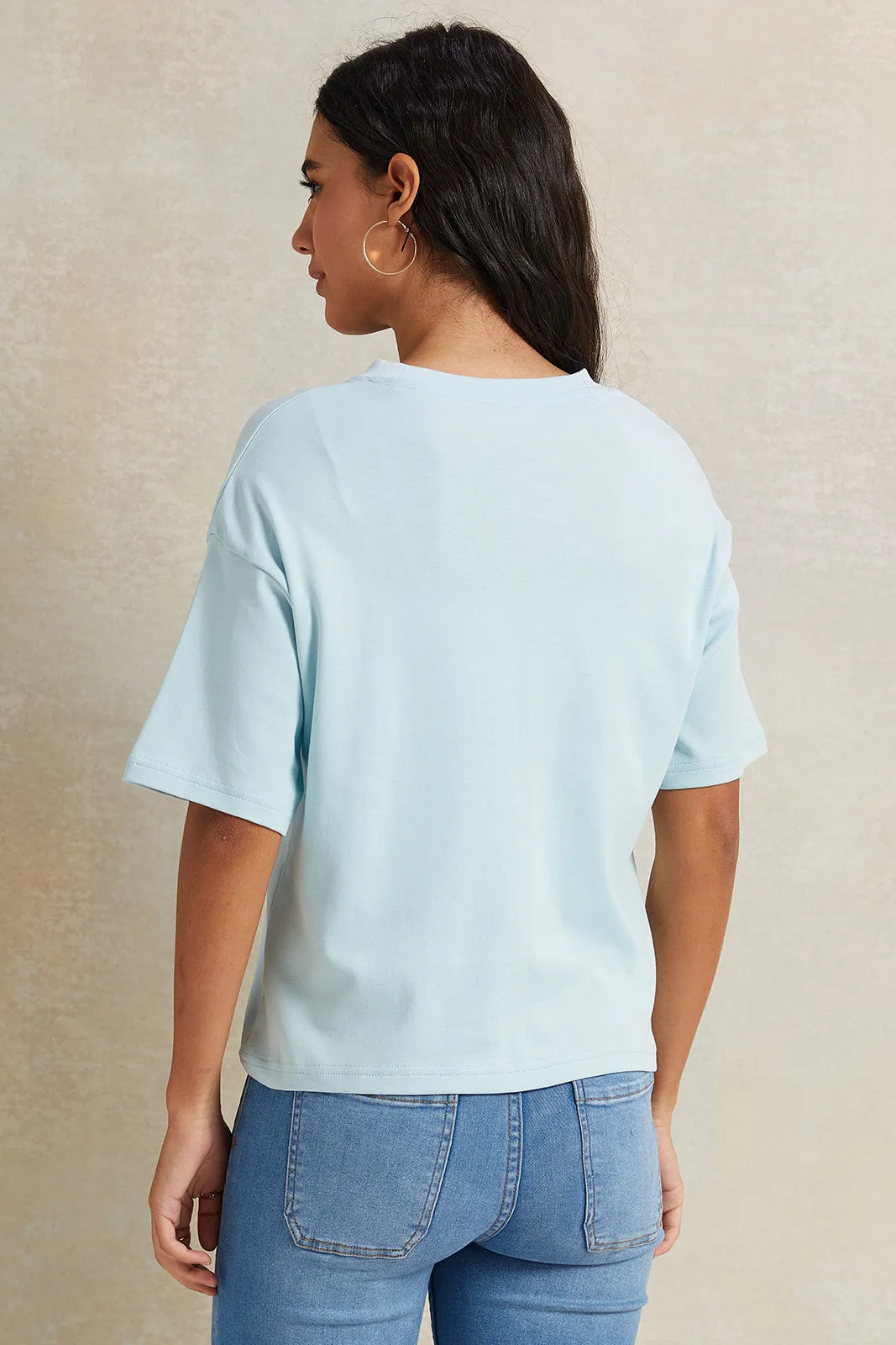 Women Blue Embellished Boxy T-Shirt