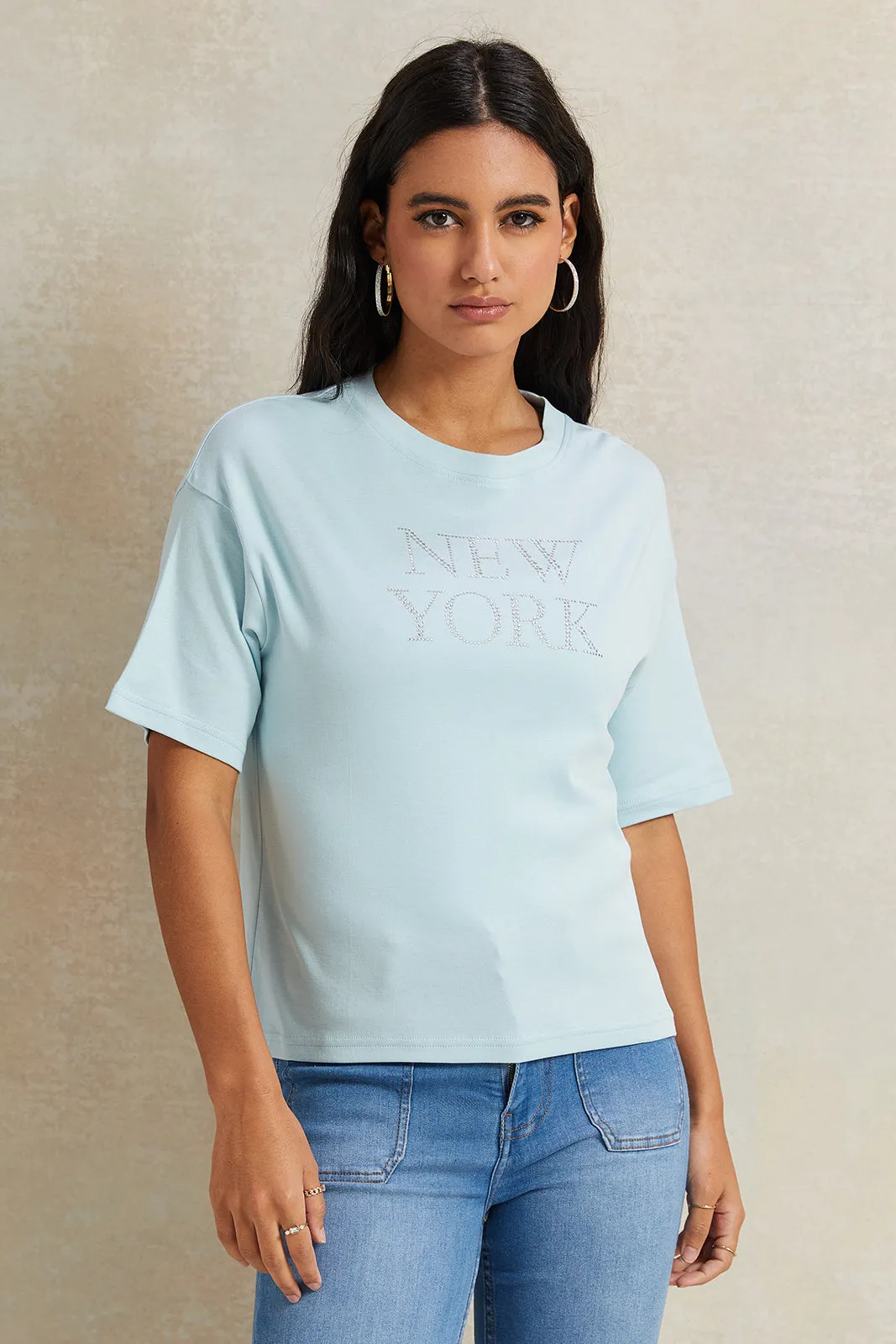 Women Blue Embellished Boxy T-Shirt