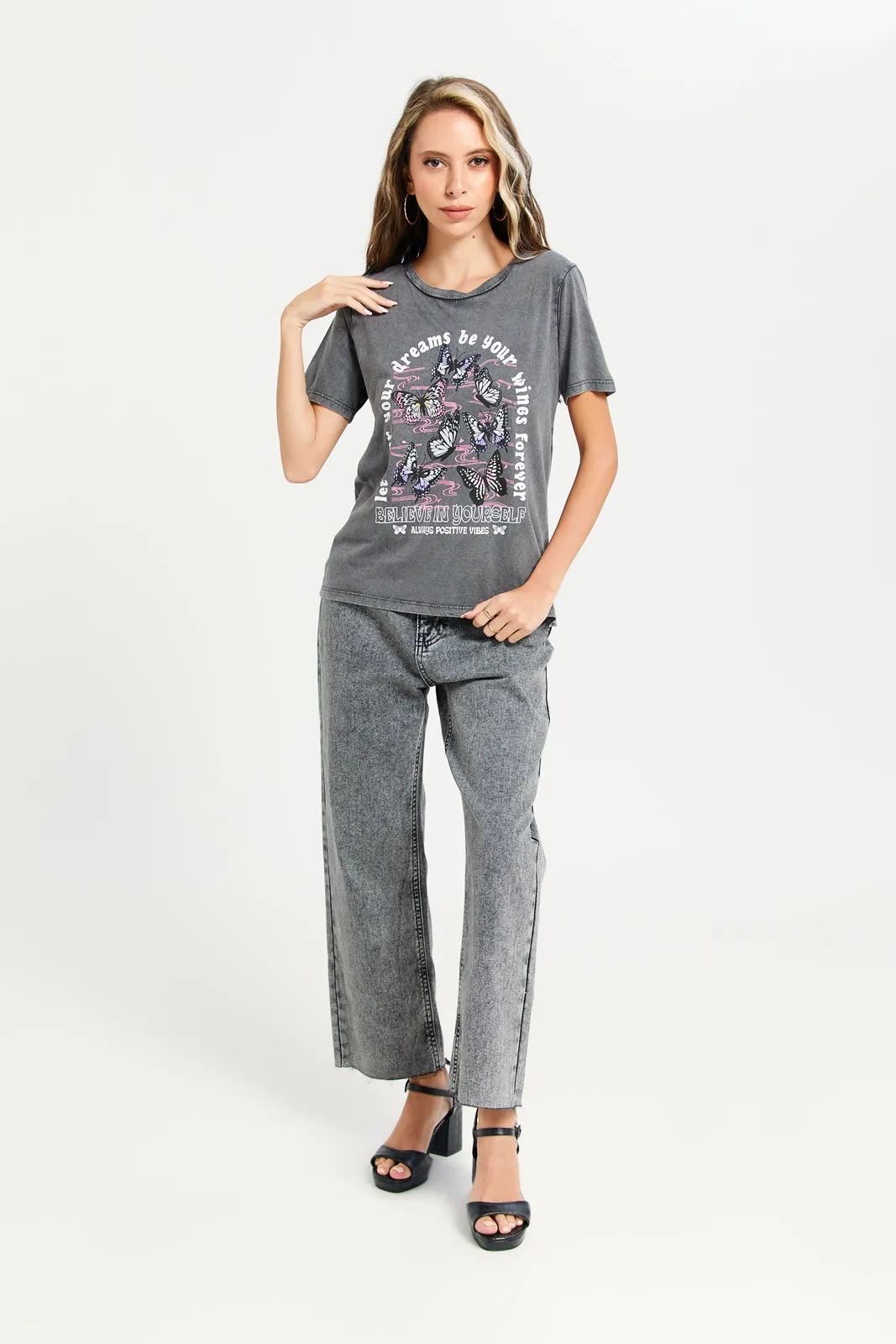 Women Grey Overdyed Printed T-Shirt