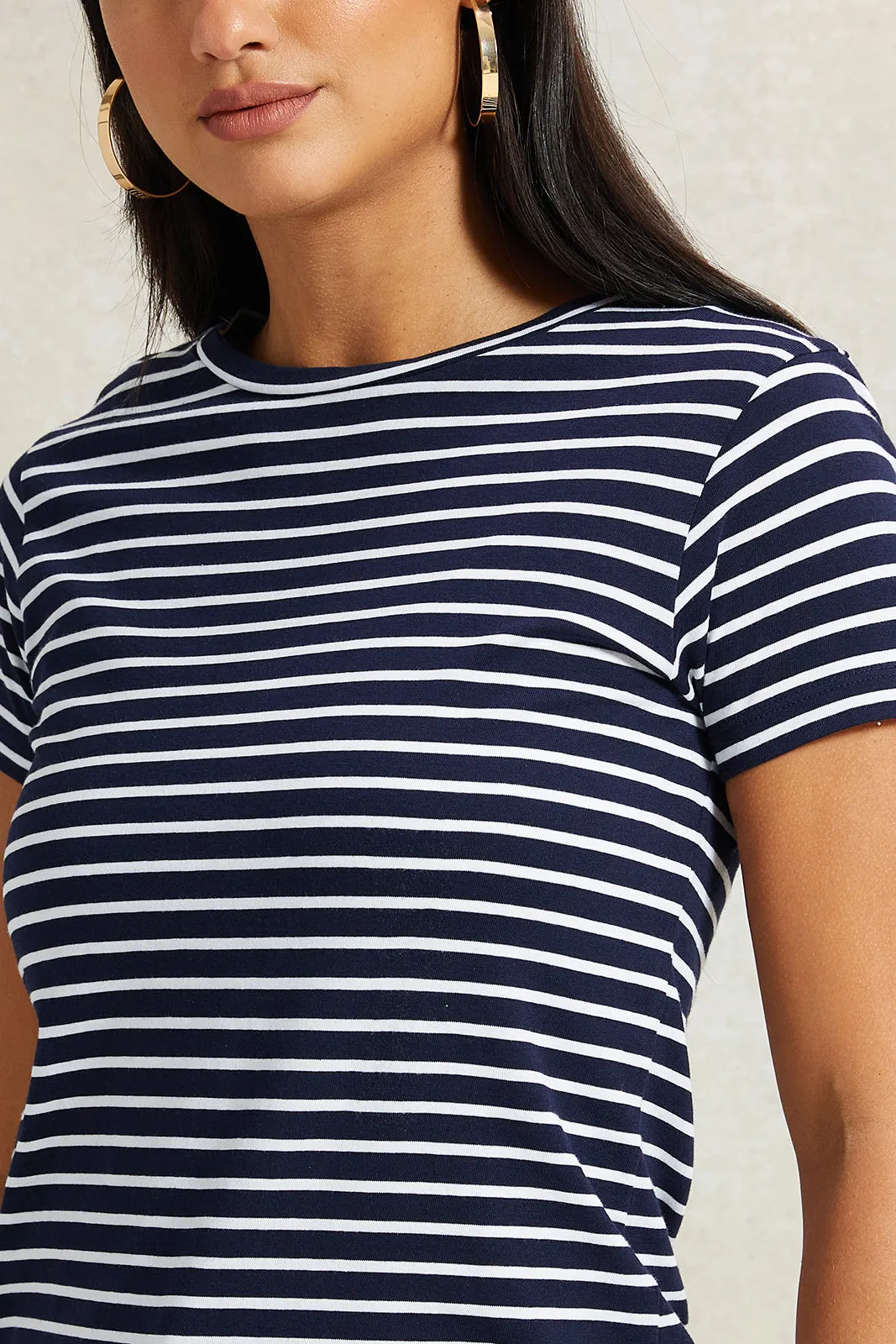 Women Navy And White Striped T-Shirt