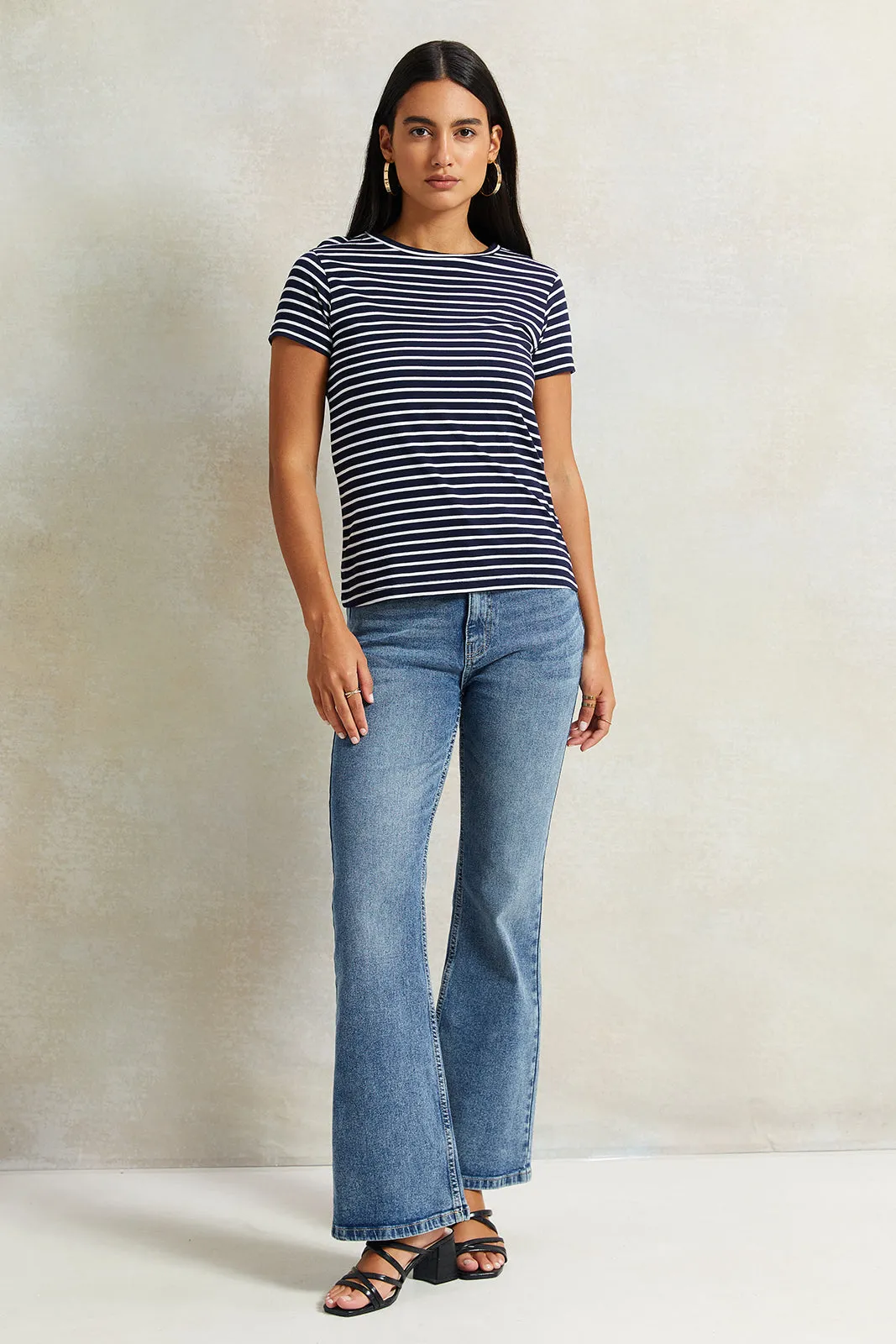 Women Navy And White Striped T-Shirt