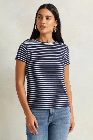 Women Navy And White Striped T-Shirt