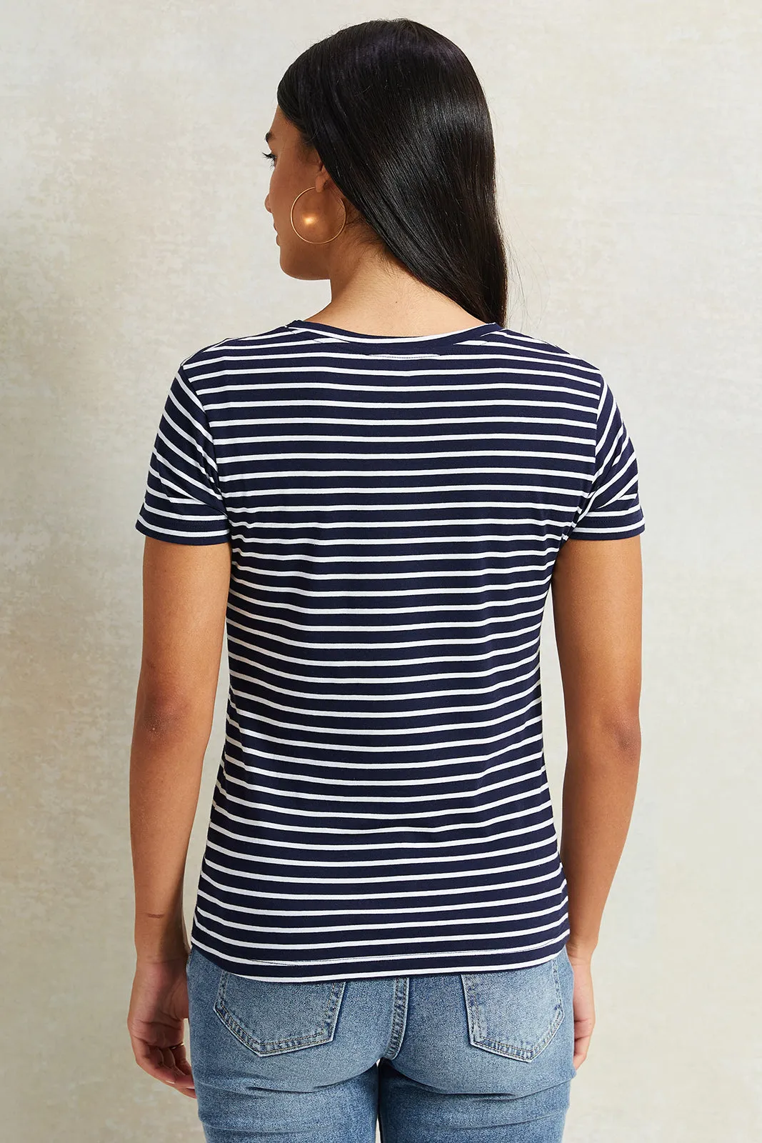 Women Navy And White Striped T-Shirt