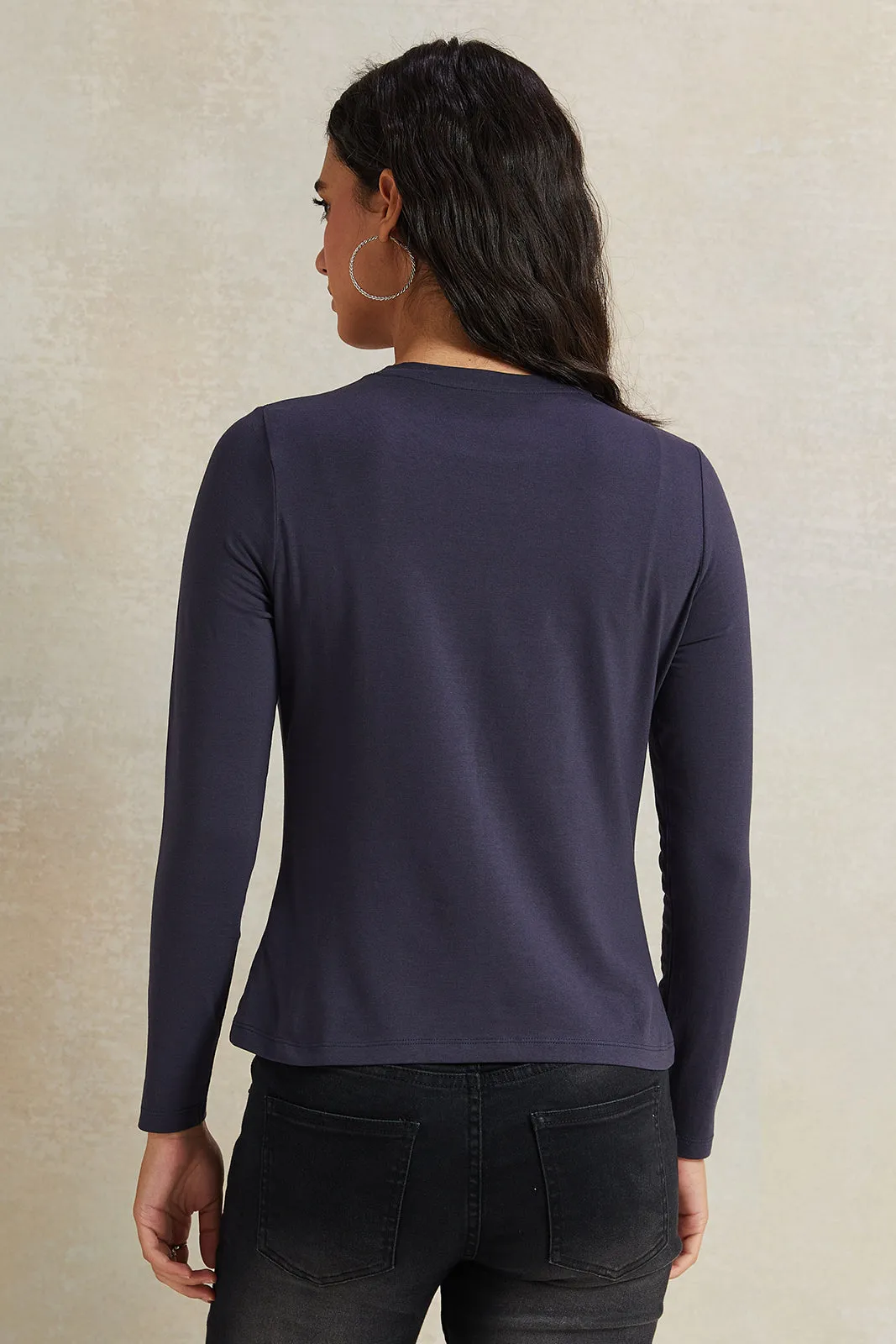 Women Navy Long Sleeve Basic T-Shirt