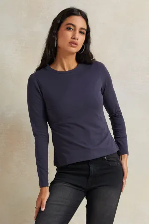 Women Navy Long Sleeve Basic T-Shirt