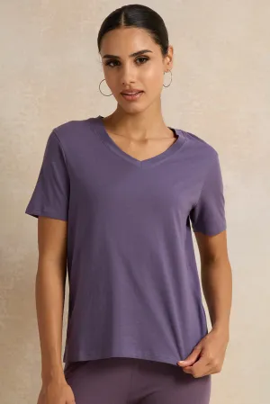 Women Purple Solid  V Neck T-Shirt