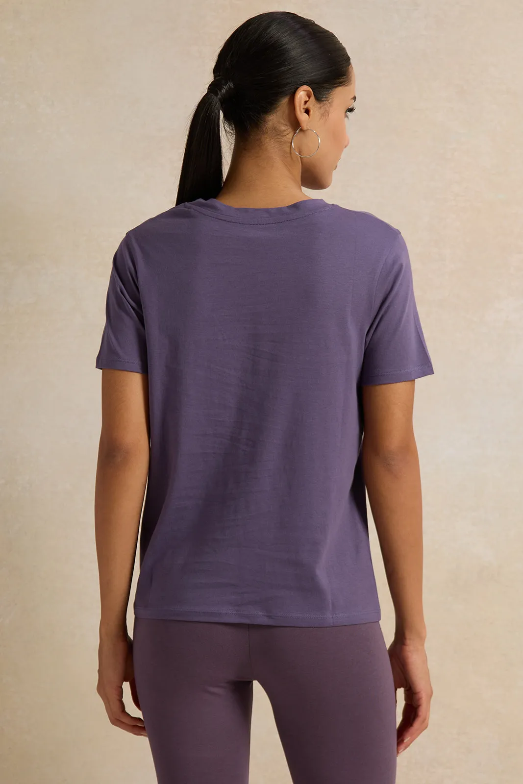 Women Purple Solid  V Neck T-Shirt