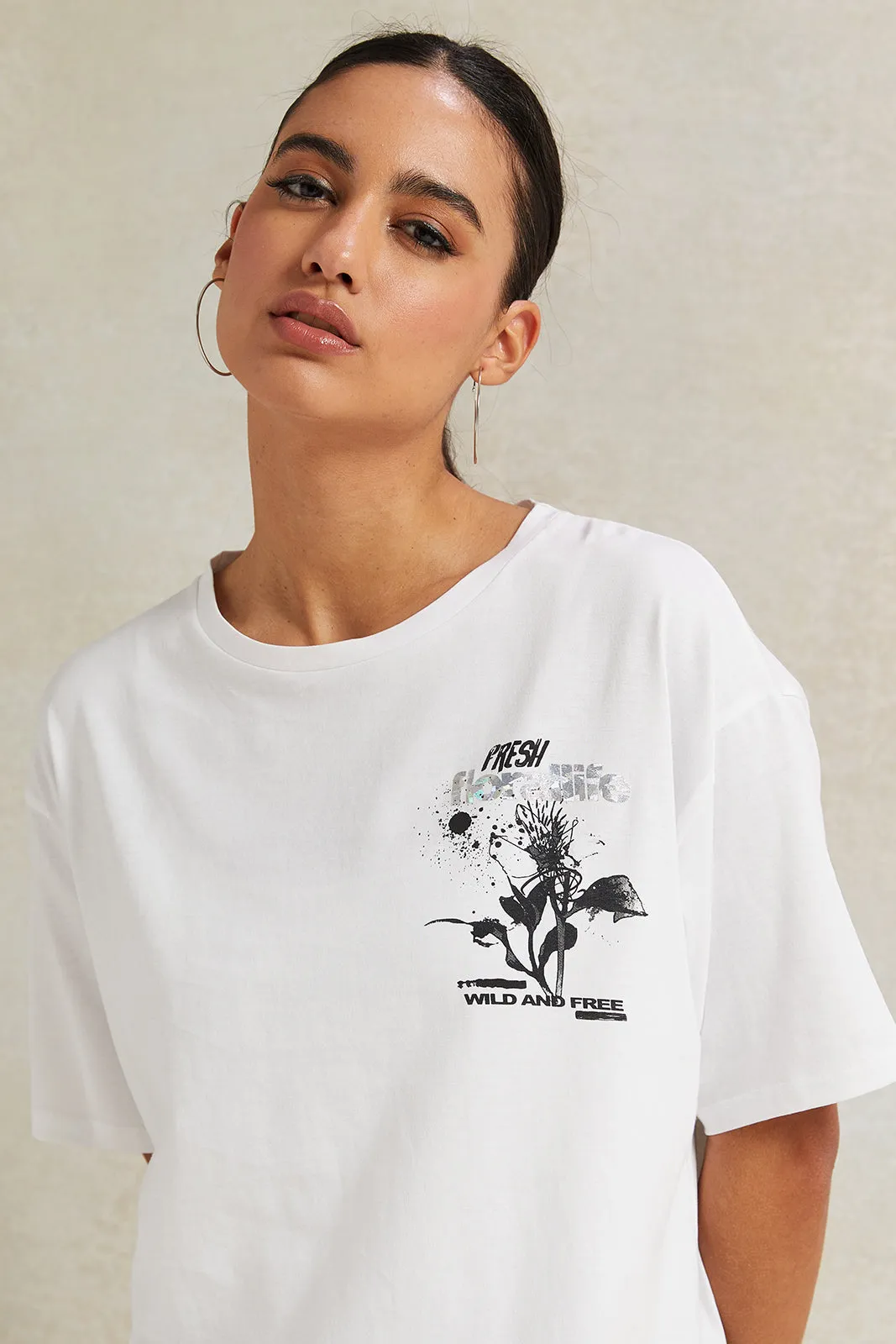 Women White Oversize Printed T-Shirt