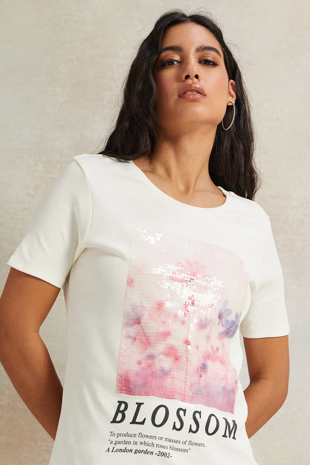 Women White Sequence T-Shirt