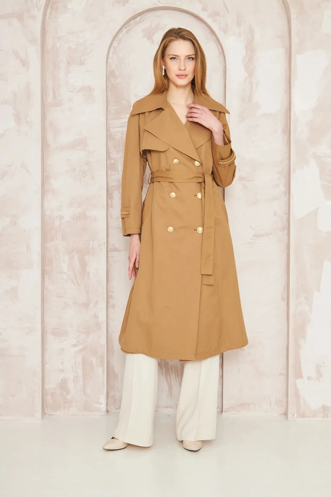 Women's Gold Button Chain Long Trench Coat Taba - SCB-W12387