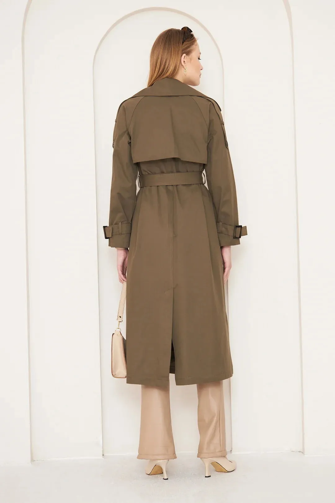 Women's Long Trench Coat with Double Collar Detail - Khaki - SCB-W12392