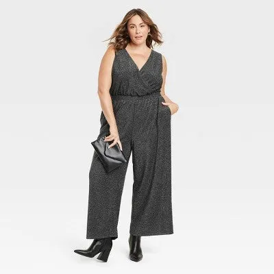 Women's Sparkle Knit Jumpsuit - Ava & Viv Black 3X